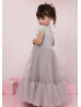 Gray Tulle Butterfly Long Flower Girl Dress